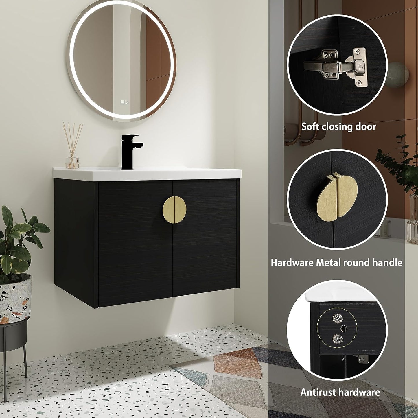 SSLine Modern 24-Inch Bathroom Vanity with Sink Wall Mounted Bathroom Vanity with Top Basin & Storage Cabinet White Wood Floating Vanity w/Ceramic Sink & Gold/Black Handles for Small Space
