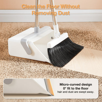 Broom with Dustpan Combo Set,UOEOS One-Sweep Clean,Pet Hair Removal Broom with Self-Cleaning Double-Layer Teeth,High Density Broom and Windproof Dustpan for Indoor&Outdoor
