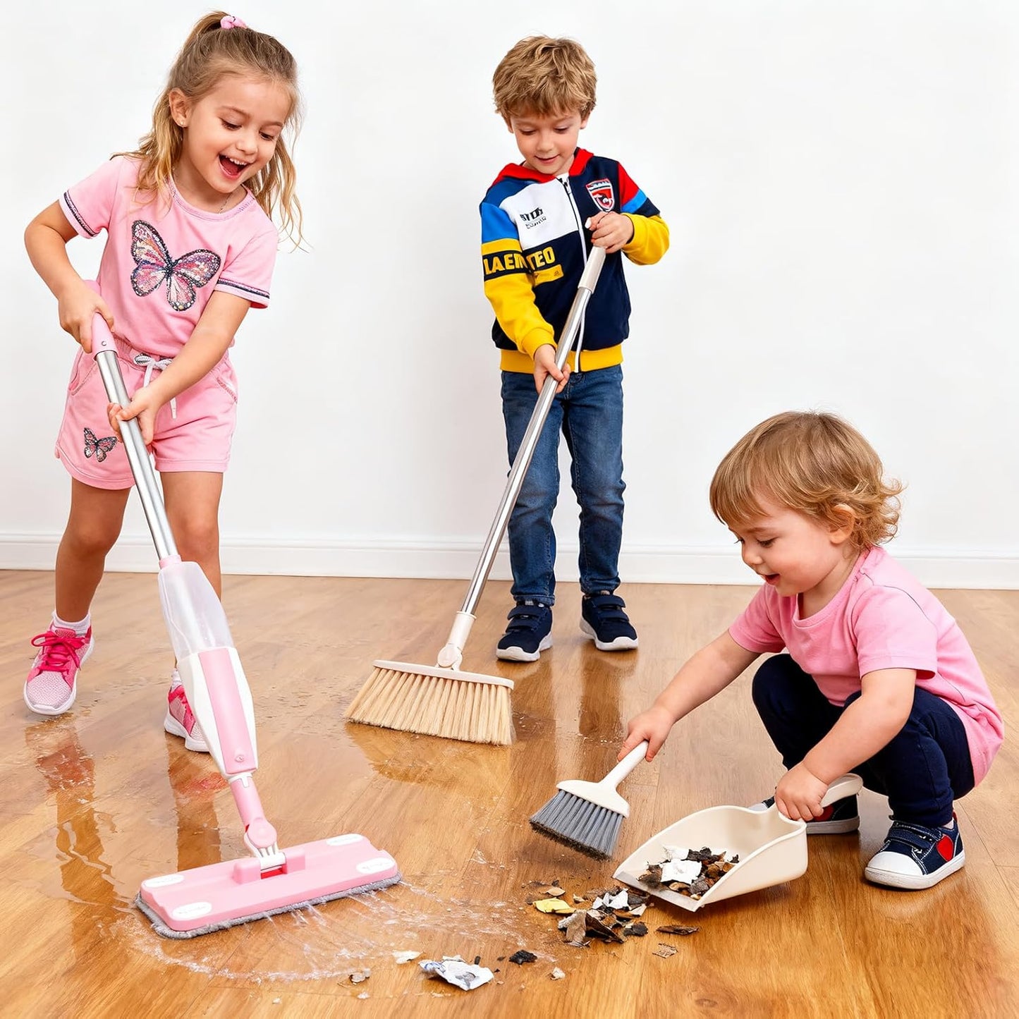 Hilsoeet Kids Spray Mop Pink, Real Working Water-Spraying Toy, Montessori Mini Mop with 2 Microfiber Washable Pads, Toddler Cleaning Set for Floor, Christmas Birthday Gifts for Age 3 4 5 6 7 8