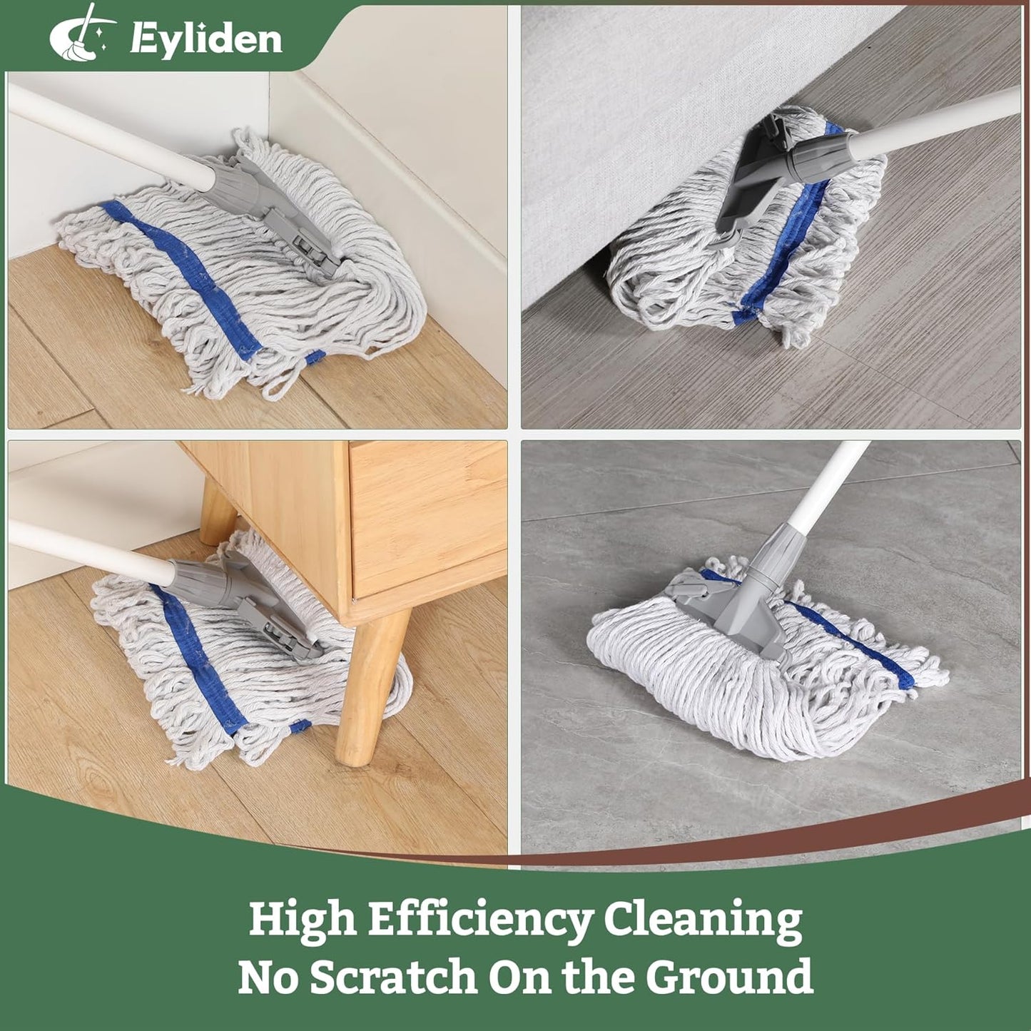 Eyliden Commercial Wet Mop with 2 Cotton Heads, Universal Clips, Heavy Duty Industrial String Mop for Floor Cleaning in Warehouse Garage Workshop Office Restaurant Hospital