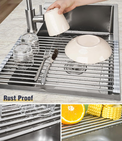 Tomorotec 17.7" x 15.5" Roll Up Dish Drying Rack Over Sink Drying Rack Sink Cover Kitchen Sink Accessories Gadget Multipurpose Organizer Foldable Stainless Steel Drainer (Grey)