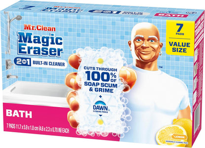 Mr. Clean Magic Eraser Sponge, Bathroom, Shower, Tub Cleaner, Soap Scum Remover, Bathroom Cleaning Supplies, Dawn Cleaning Power with Lemon Scent, Shower & Tub, 6ct