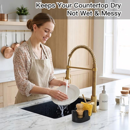 White Marble Sponge Holder for Kitchen Sink, 2-in-1 Sponge & Brush Holder with Raised Edge, 2 Slot Natural Stone Sink Caddy for Countertop, Keeps Countertops Dry, Non-Slip Base, Modern Kitchen Decor