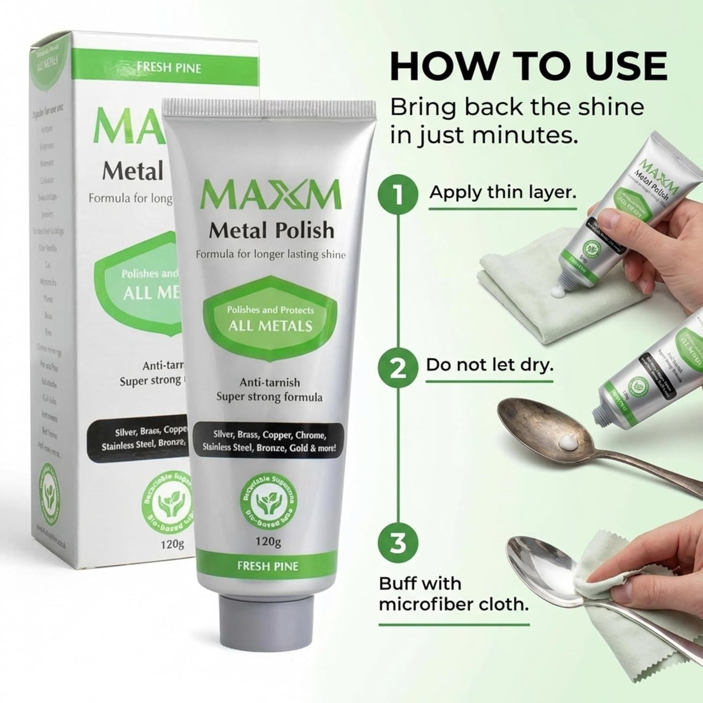 maxm Metal Polish Paste for Stainless Steel Polish, Chrome Polish & Aluminum Polish – Rust Remover for Metal, Stainless Steel Scratch Remover, Polishing Compound Non-Toxic, Fresh Pine Scent, 4.2 oz