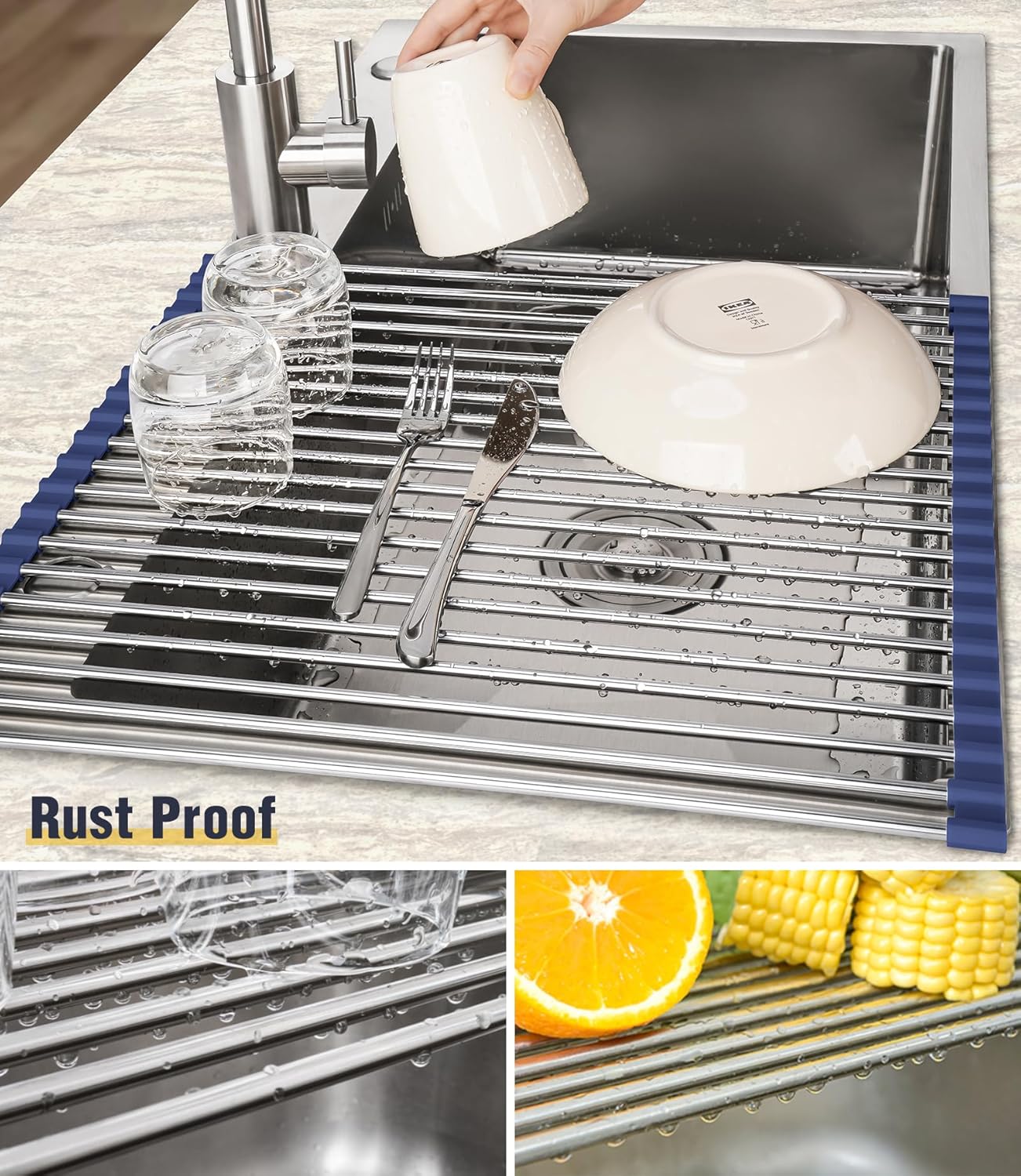 Tomorotec 17.7" x 15.5" Roll Up Dish Drying Rack Over Sink Drying Rack Sink Cover Kitchen Sink Accessories Gadget Multipurpose Organizer Foldable Stainless Steel Drainer (Grey)