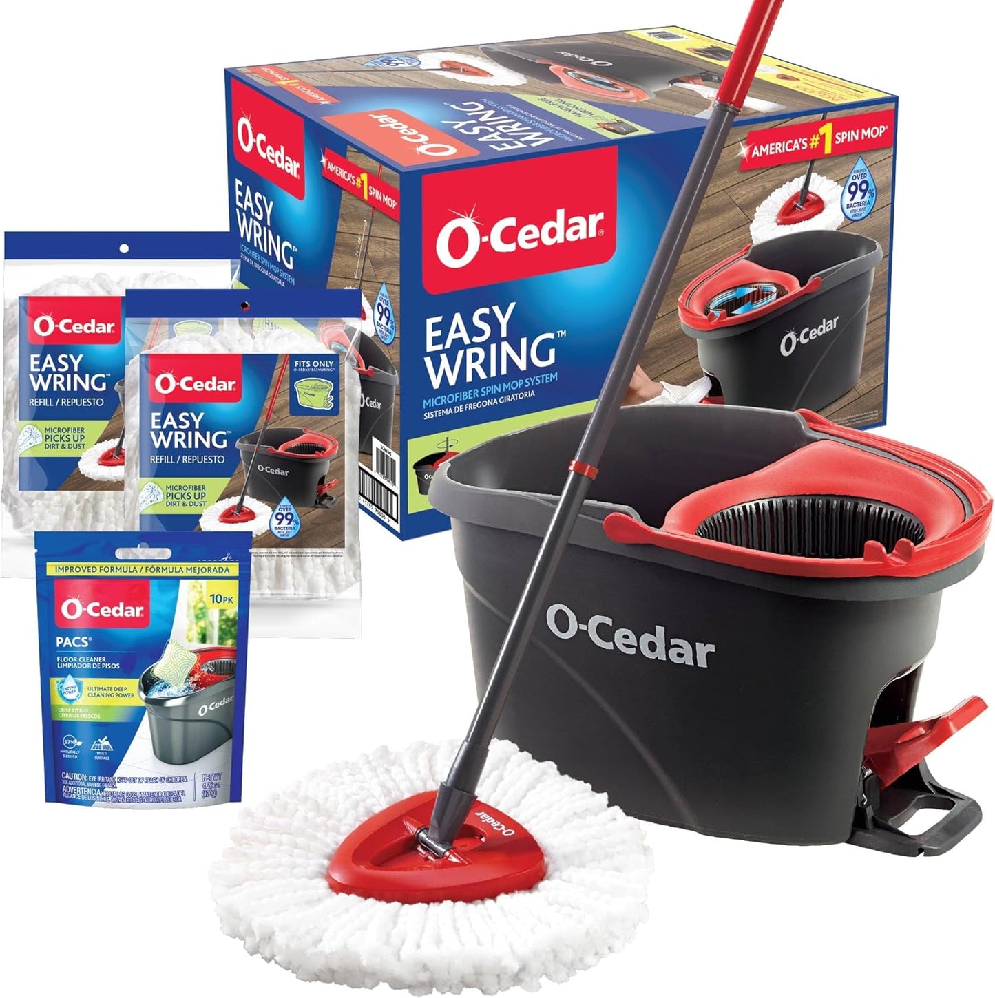 O-Cedar EasyWring Microfiber Spin Mop & Bucket Floor Cleaning System + 2 Extra Mop Head Replacements with Citrus and Lavender Pacs (Variety Pack)