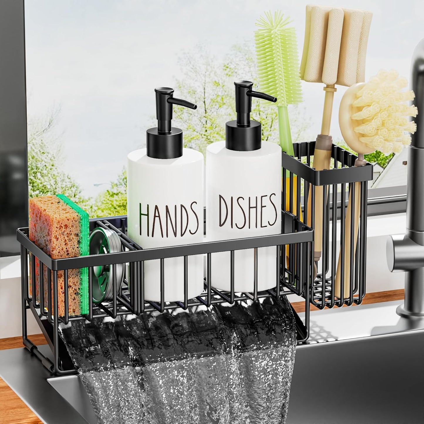 MASADI Kitchen Sink Caddy with Dish Soap Dispenser Set, 12OZ Glass Bottle, Hand and Dish Soap Dispenser Set, Non-Slip Silicone Pad, Brush Holder, Kitchen Sink Organizer Countertop (Black+Clear)