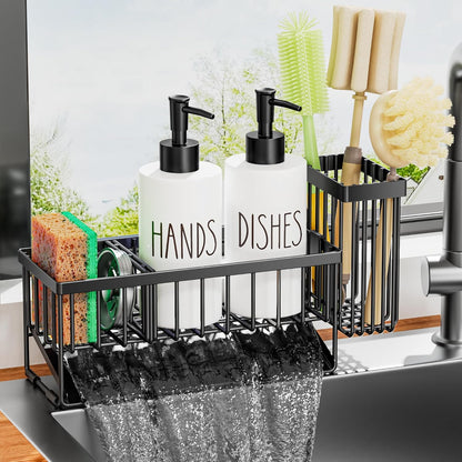 MASADI Kitchen Sink Caddy with Dish Soap Dispenser Set, 12OZ Glass Bottle, Hand and Dish Soap Dispenser Set, Non-Slip Silicone Pad, Brush Holder, Kitchen Sink Organizer Countertop (Black+Clear)