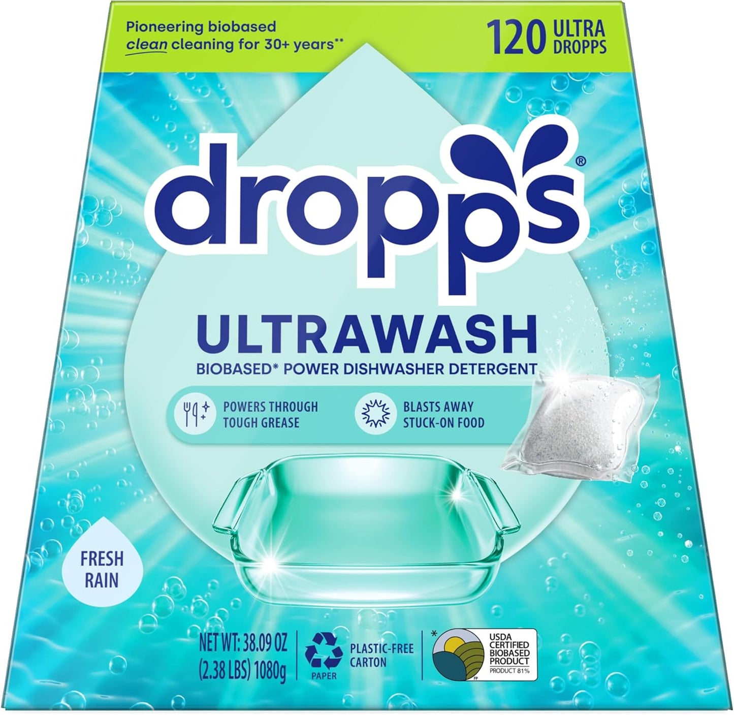 Dropps UltraWash Dishwasher Detergent Pods, Lemon Citrus (32 Ct) - Cuts Grease & Stuck-On Food | Sparkling Dishes & Glasses | Residue-Free | Clean Ingredients | No Pre-Rinse | Plastic Free Packaging