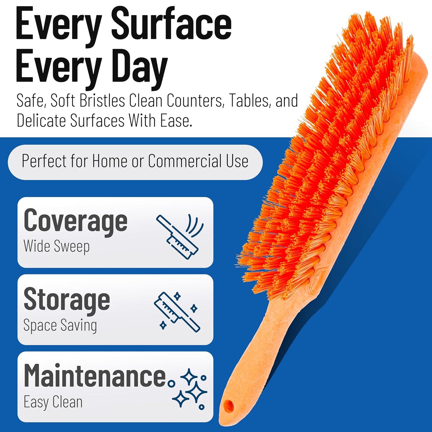 SPARTA Handheld Soft Counter Brush 8 Inch Bristle Span, Multi-Use Dust Brush with 5 Inch Handle for Tables, Countertops, and Delicate Surfaces, Polyester, Orange
