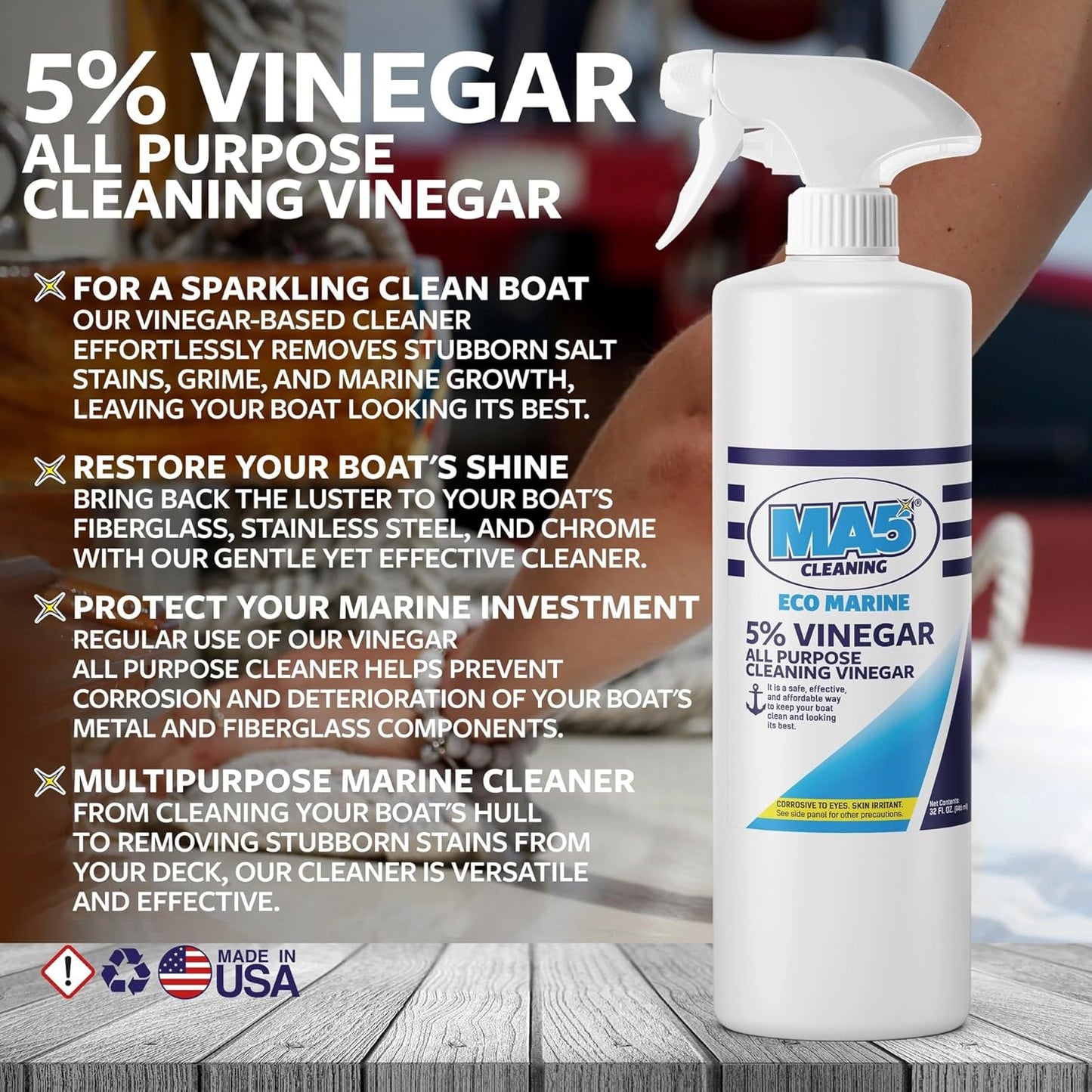 MA5x EcoMarine 5% Vinegar All Purpose Boat Cleaning Vinegar | Biodegradable Safe Boat Cleaner | Multi-Surface Marine Cleaner