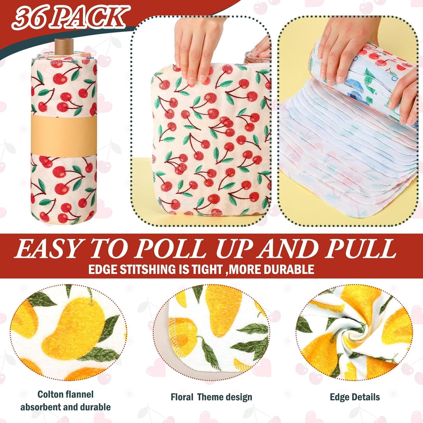 Redbaker 30 Pcs Reusable Paper Towels Rolls Kitchen Towels Bulk Washable Paperless Cloth Cotton Hand Napkins with Cardboard Reusable Napkins for Kitchen Bathroom(Floral,10 x 12 in)