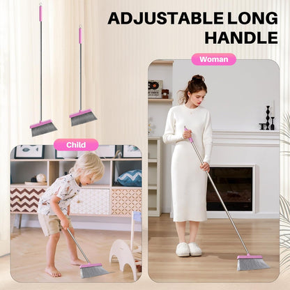 JOYMOOP White Broom and Dustpan Set, Upright Angle Design with Built-in Comb Teeth for Kitchen, Office, Pet Hair, Hard Floors