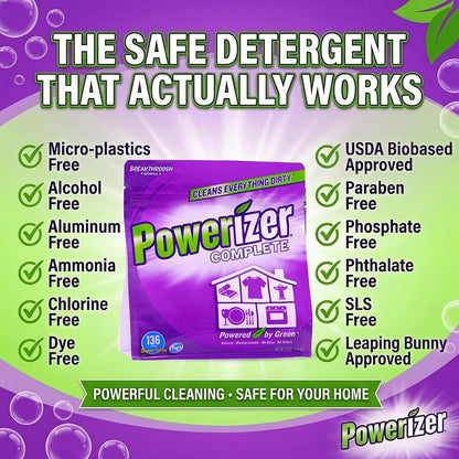 Powerizer Complete - Dishwasher Detergent Powder With Oxi Stain Remover & Rinse Aid, 3-in-1 Concentrated Formula, 136 Loads (3lb)