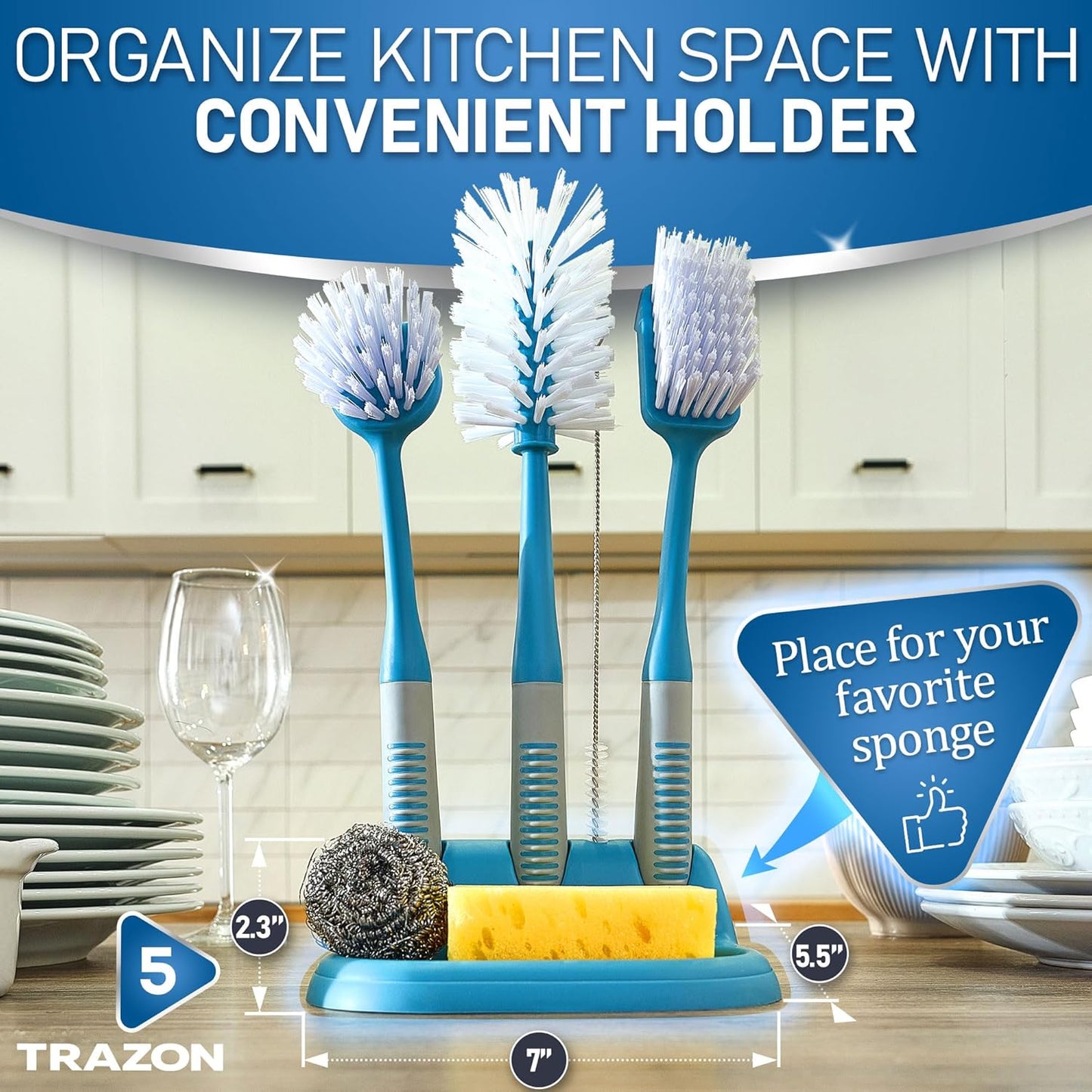 Dish Brush Set of 5 with Holder - Kitchen Scrub Brushes with Non-Slip Long Handle for Cleaning, Scrubber, Dishwashing, Dishes, Bottles, Straws, Cups, Pots & Sink, Black
