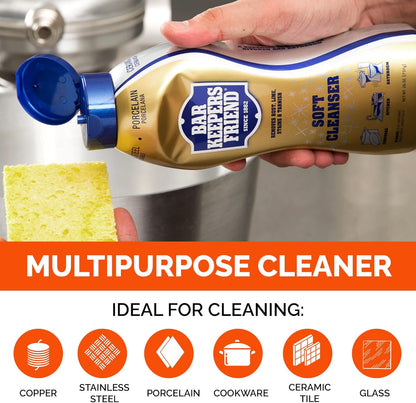 BAR KEEPERS FRIEND Cleanser Trio - Mega Bundle (21 Oz Cleanser and Polish Powder | 26 Oz Liquid Soft Cleanser | 13 Oz Cooktop Cleaner) Plus 1 Foxtrot Microfiber Towel and 1 Microfiber Scrubber Sponge