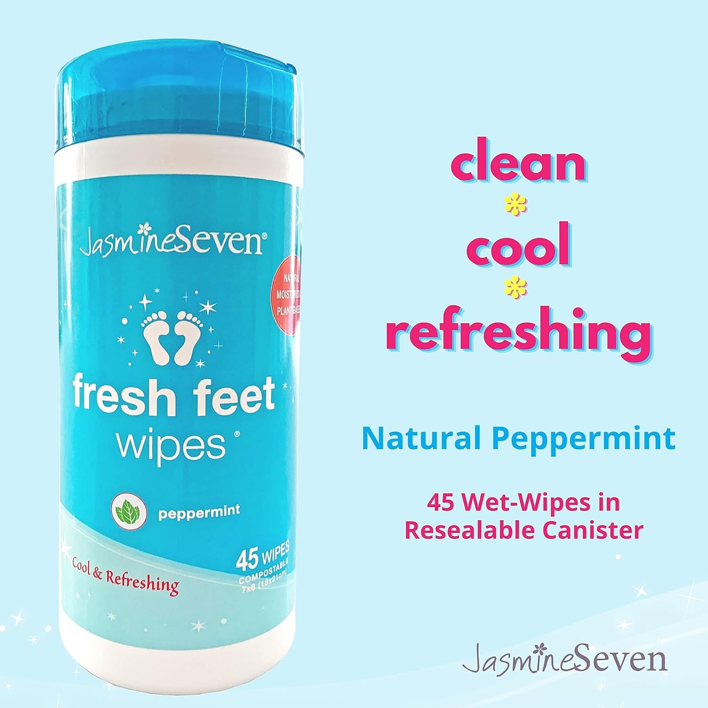 Jasmine Seven Fresh Feet Wipes - Peppermint - 45 Count Resealable Canister (Natural Foot and Body Wet Wipes)