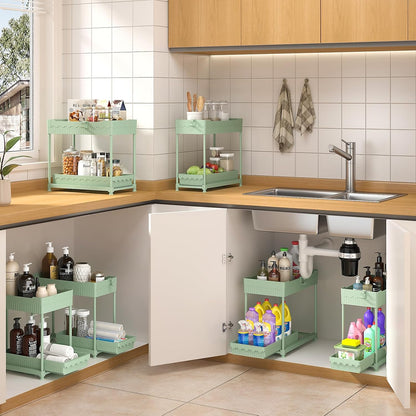 Sevenblue 4 Pack Under Sink Organizer, Bathroom Organizers and Storage, 2 Tier Multi-Use Pull Out Cabinet Organizer with Hang Hooks and Cups (Black, 4 Pack)