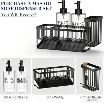 MASADI Kitchen Sink Caddy with Dish Soap Dispenser Set, 12OZ Glass Bottle, Hand and Dish Soap Dispenser Set, Non-Slip Silicone Pad, Brush Holder, Kitchen Sink Organizer Countertop (Black+Clear)