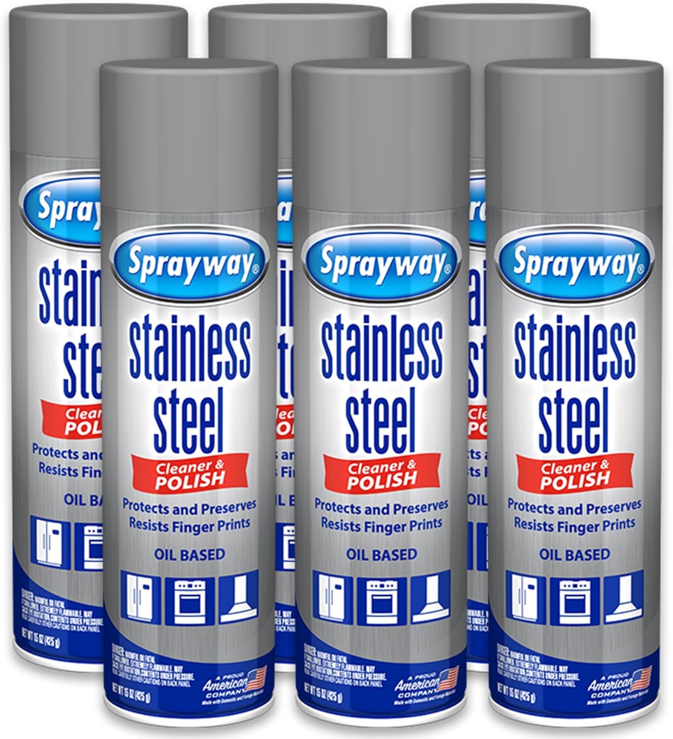 Sprayway Stainless Steel Cleaner Aerosol Spray (Oil-Based), 15oz, Pack of 6 | Cleans, Polishes, Protects | Resists Fingerprints, Foaming Action | Ideal for Stainless Steel Appliances & Surfaces
