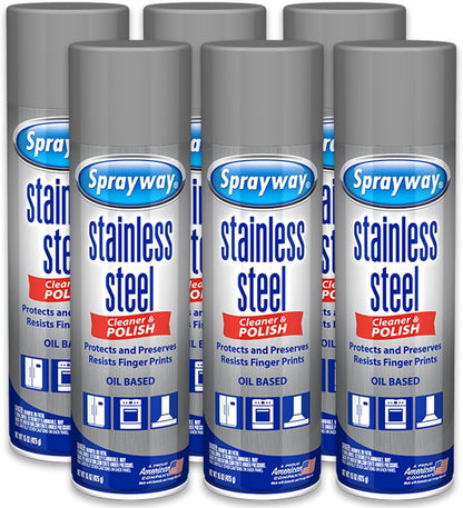 Sprayway Stainless Steel Cleaner Aerosol Spray (Oil-Based), 15oz, Pack of 6 | Cleans, Polishes, Protects | Resists Fingerprints, Foaming Action | Ideal for Stainless Steel Appliances & Surfaces