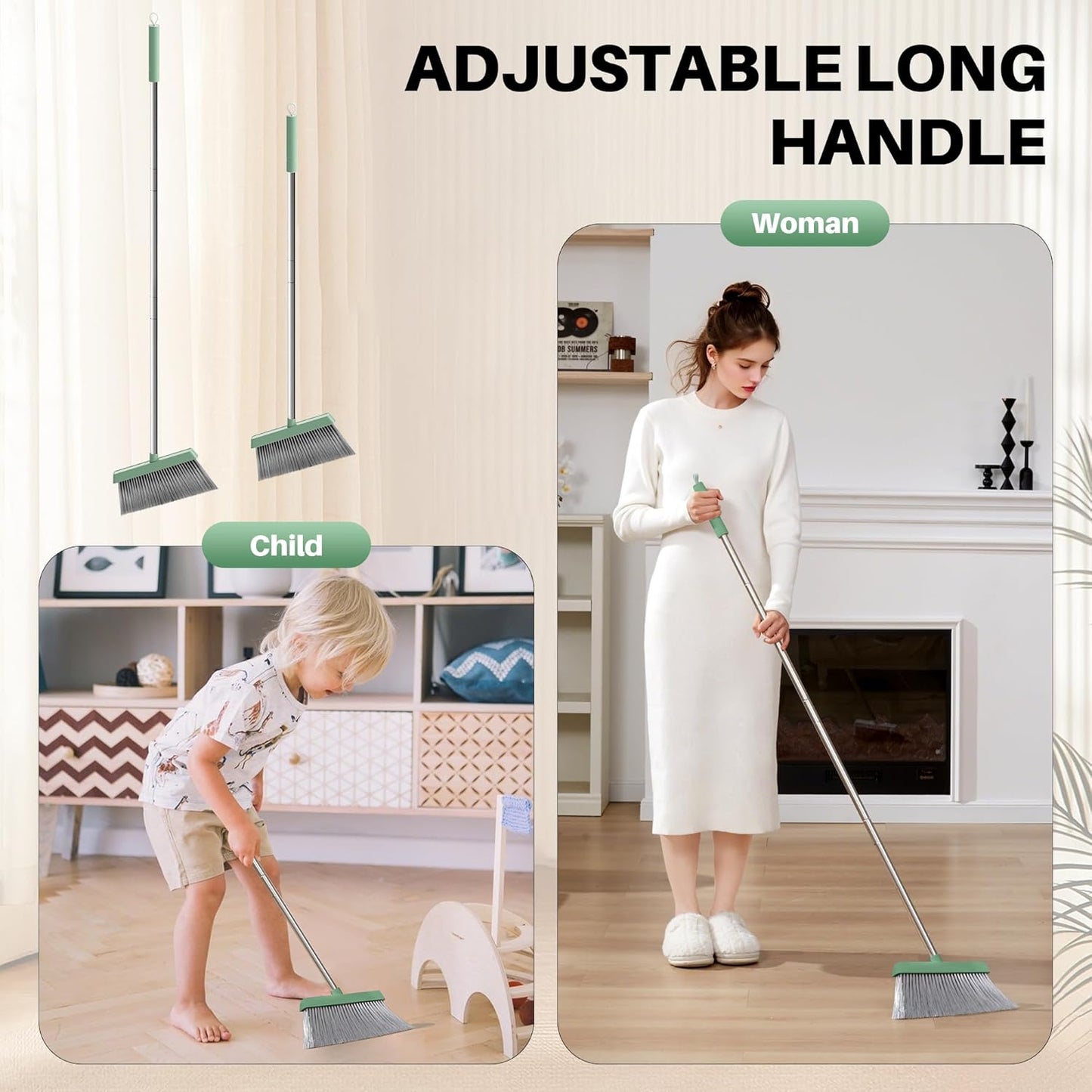 JOYMOOP White Broom and Dustpan Set, Upright Angle Design with Built-in Comb Teeth for Kitchen, Office, Pet Hair, Hard Floors