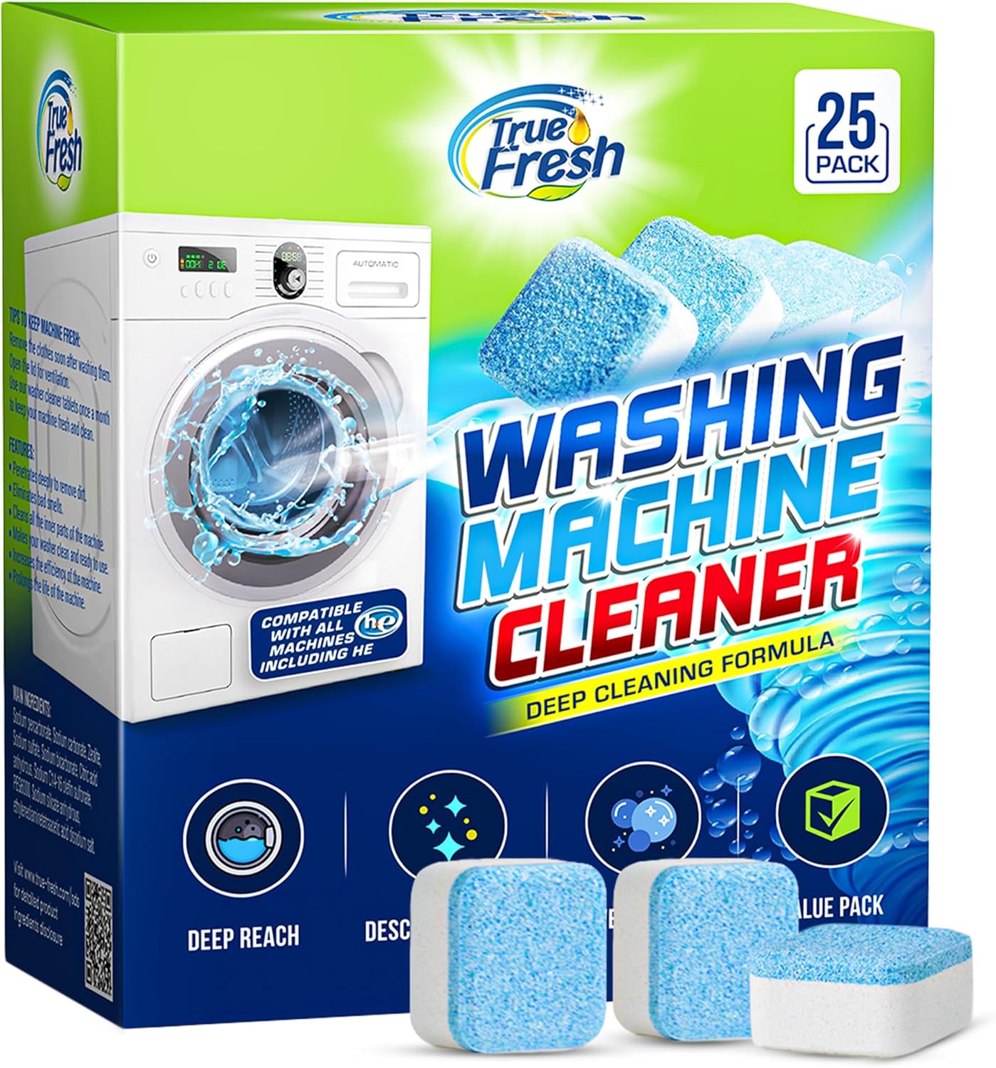 True Fresh Washing Machine Cleaner Effervescent Tablets, 25 Solid Deep Cleaning Tablet, Finally Clean All Wash Machines Including HE Front Loader Top Load, No more Stinky Grimy Washer tub