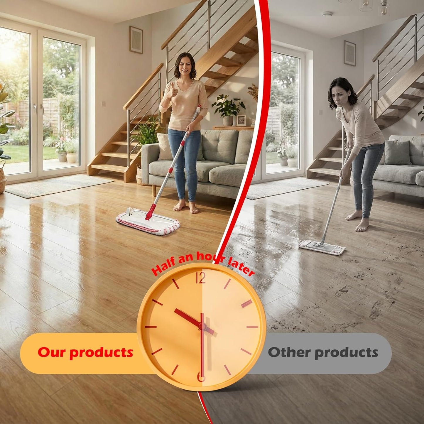 OZD Flat Mops for Floor Cleaning , with 5 Reusable 16x9in Dual-Fiber Mop Heads, Remove Stubborn Stains, Wet and Dry Use, Suitable for Hardwood, Tile, Laminate Flooring etc, Red