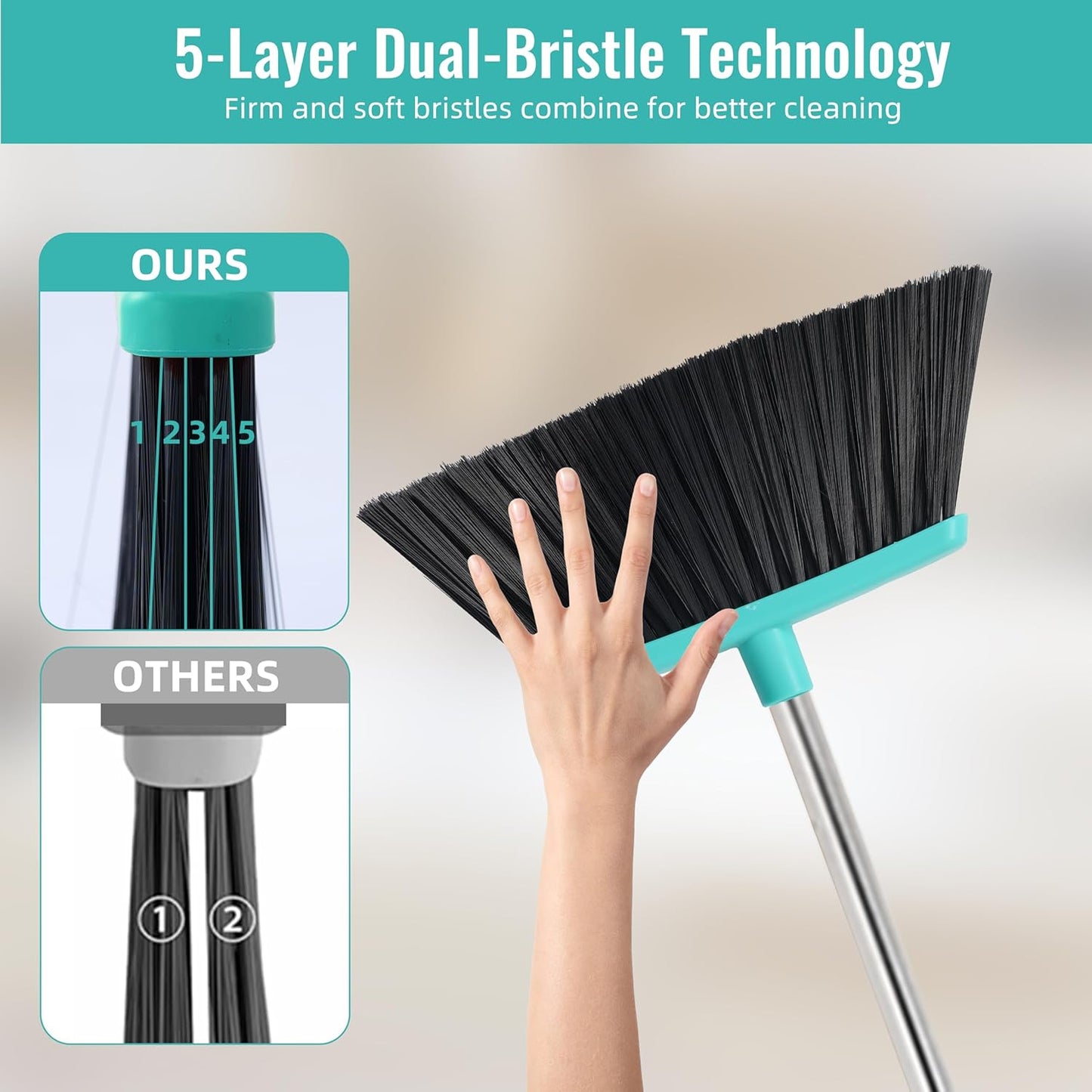 Multifunction 3-in-1 Broom and Dustpan, Silicone broom Squeegee and Scrub Brush Set with Long Adjustable Handle for Indoor & Outdoor Sweeping and Scrubbing, Ideal for Pet Hair, Liquids Spills and Dirt