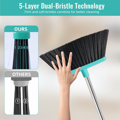 Multifunction 3-in-1 Broom and Dustpan, Silicone broom Squeegee and Scrub Brush Set with Long Adjustable Handle for Indoor & Outdoor Sweeping and Scrubbing, Ideal for Pet Hair, Liquids Spills and Dirt