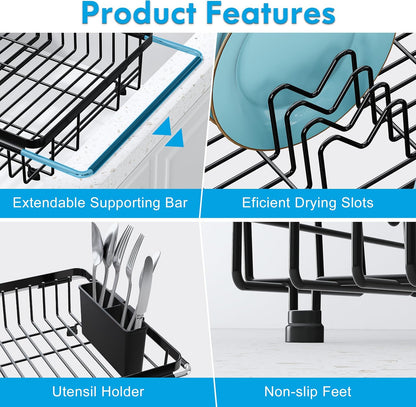 JASIWAY Dish Drying Rack in Sink, Expandable Stainless Steel Dish Drainers for Kitchen Counter, Dish Dryer Rack for Inside Sink, Over The Sink Dish Racks with Utensil Holder, Silver
