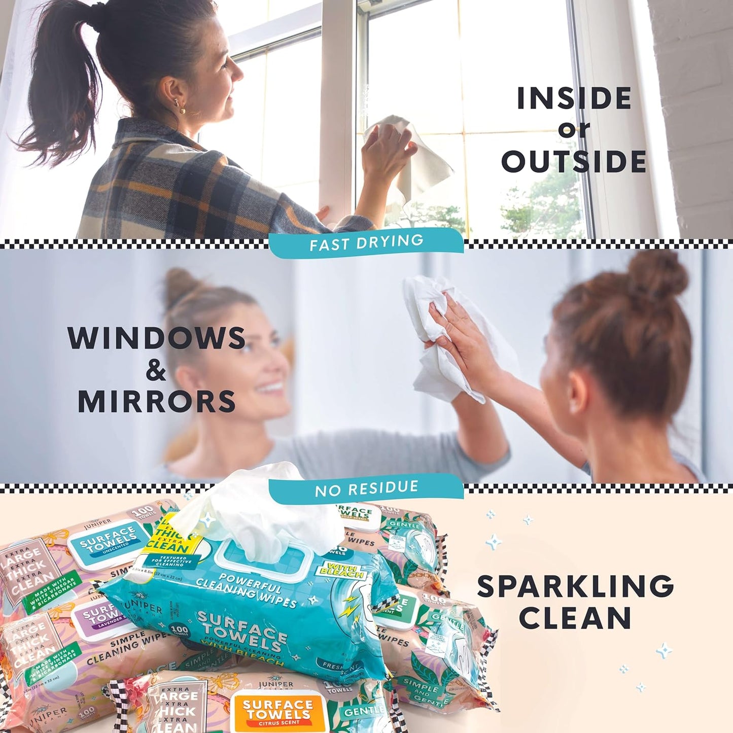 Juniper CLEAN Single Surface Cleaning Wipes, Thick & Large Dispose, All-Purpose Cleaner for Bathroom, Kitchen, Office, 100 Count Soft Flow, Biodegradable, White Soap Scent