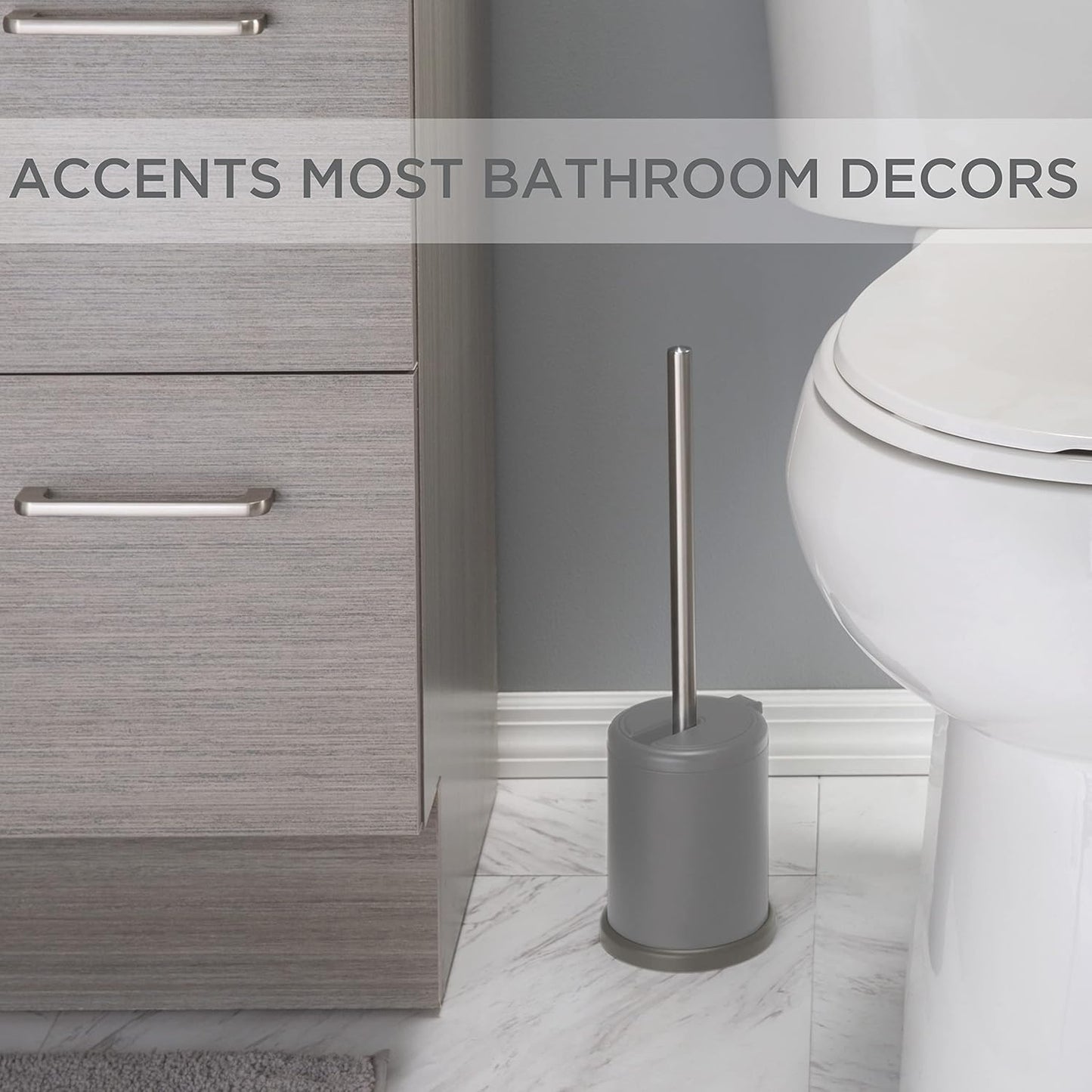 Bath Bliss Toilet Brush and Holder | Self Closing Lid | 360 Degree Brush Head | Bathroom Cleaning | Compact Size | Storage and Organization | Stainless Steel