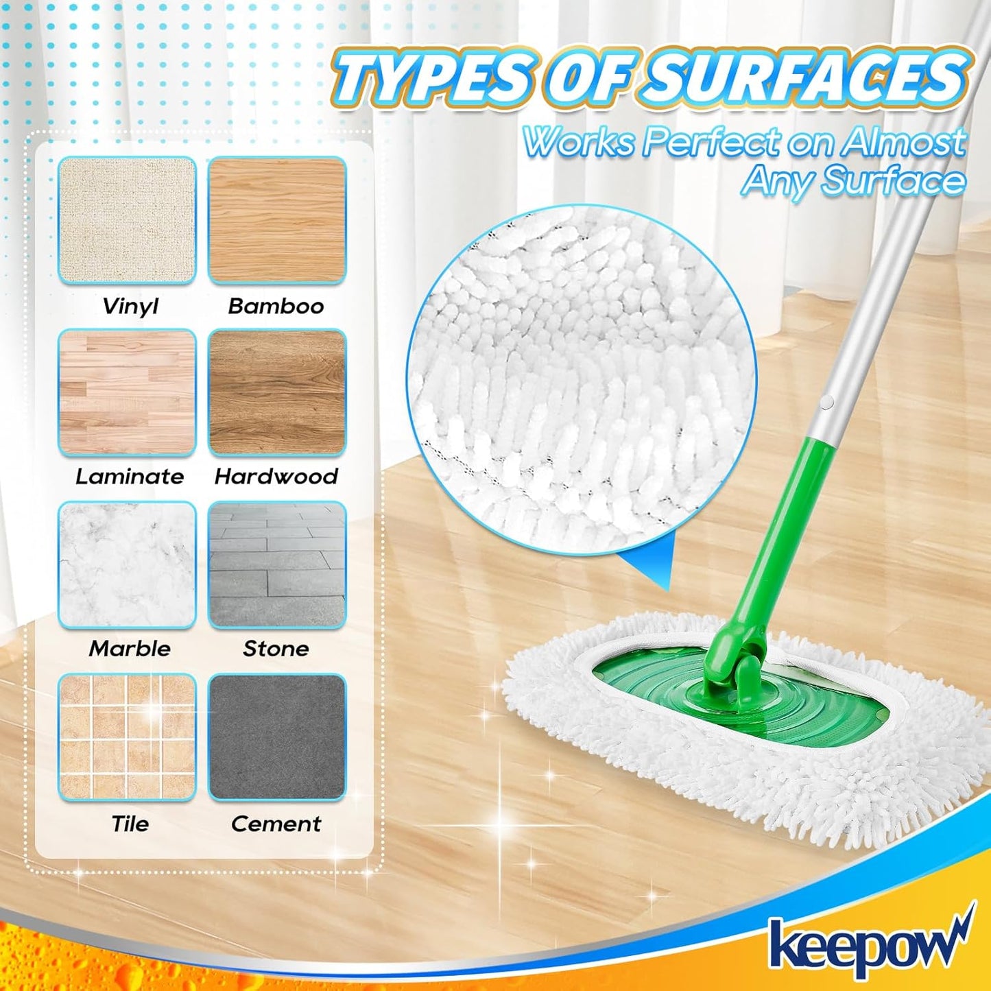 KEEPOW Reusable Microfiber Mop Pads Compatible with Swiffer Sweeper, Dry Sweeping Cloths, Washable Wet Mopping Cloth Refills for Hardwood Floor Cleaning, 6 Pack