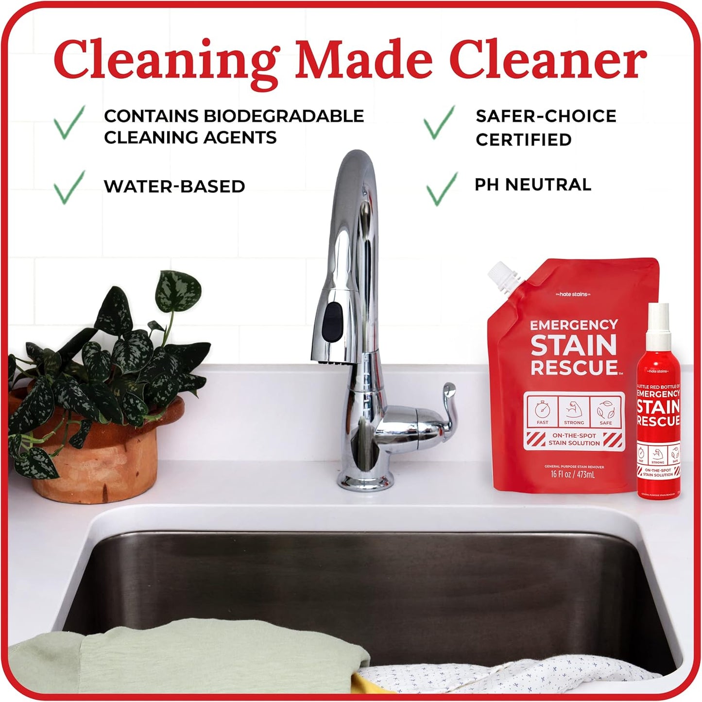 Emergency Stain Rescue Stain Remover Spray - For Wine & Coffee - Blood Stain Remover Clothes & Laundry - Carpet Cleaner Spray with No Added Phosphates - 2 x 4 Fl Oz