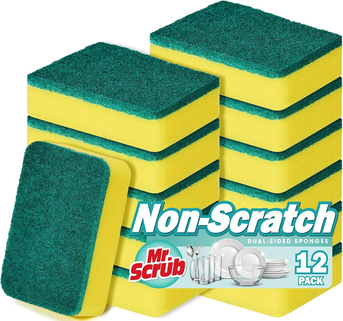 Mr. Scrub Sponges Kitchen Scrub Dish Sponge Scouring Pad, 24 Pack Cleaning Brush Scrubber Supplies for Soap, Dishwashing Dinnerware Sets Pan Pot Towels Cloth Rags Holder Glass Dishwasher Sink Bathroom