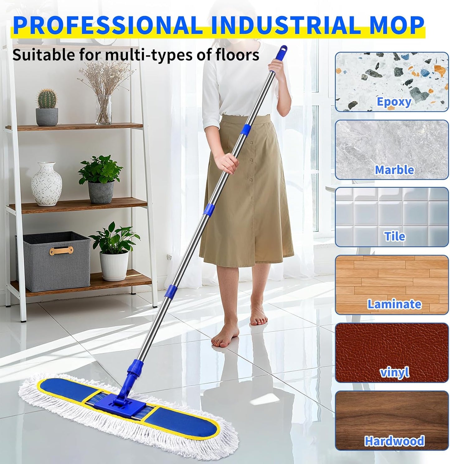 29.5" Commercial Dust Mop for Floor Cleaning,Heavy Duty Floor Duster with 2 Cotton Reusable Mop Pads,61” Long Handle Wet Dry Flat Mops for Hardwood Floors,Marble, Laminate,Tile,Concrete,Garage (Blue)