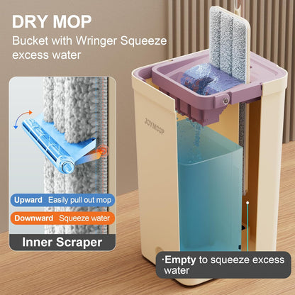 JOYMOOP Mop and Bucket Set, Flat Mops for Floor & Wall Cleaning, Commercial & Household Use, Hardwood Floor Mop with Long Handle & 4 Microfiber Pads