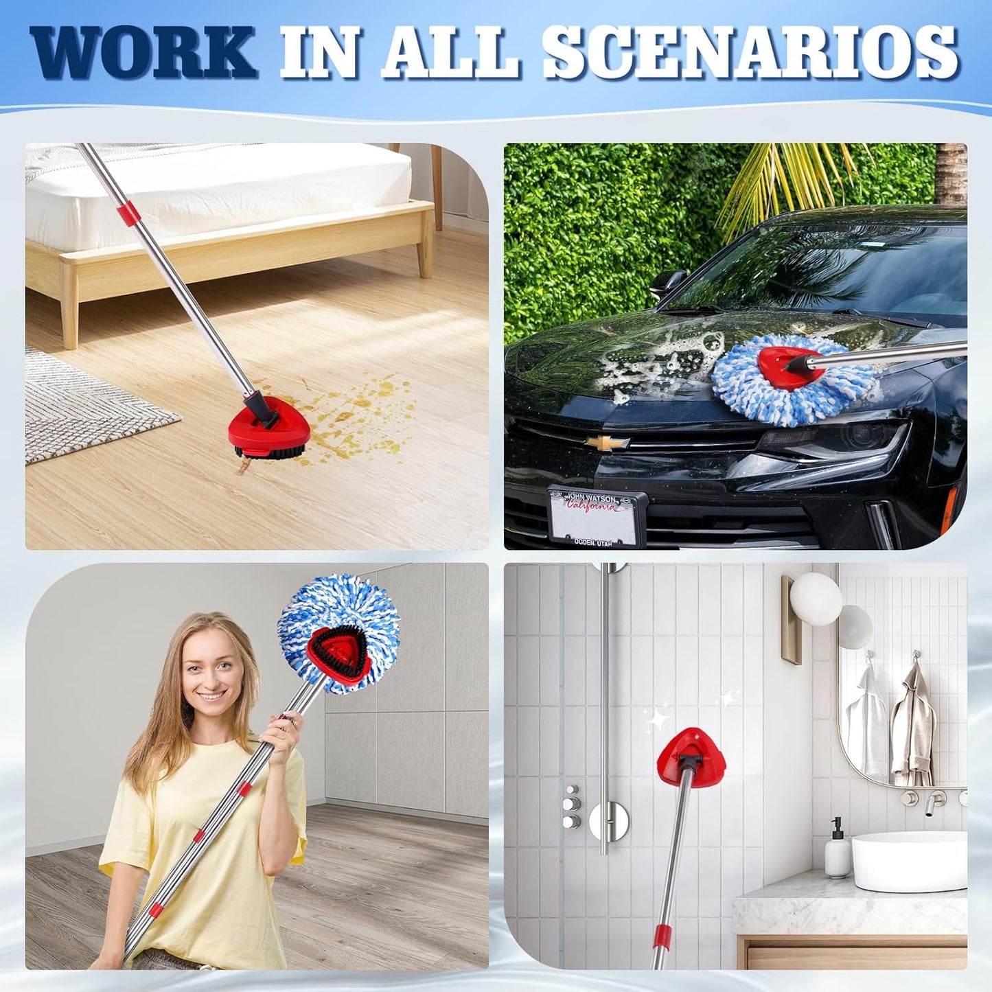 4 Packs Spin Mop Replacement Heads Compatible with Ocedar RinseClean 2-Tank System, 30-58" Mop Handle,Mop Scrub Brush and Base Combo Set,Mopping Refills Easy to Replace and Cleaning