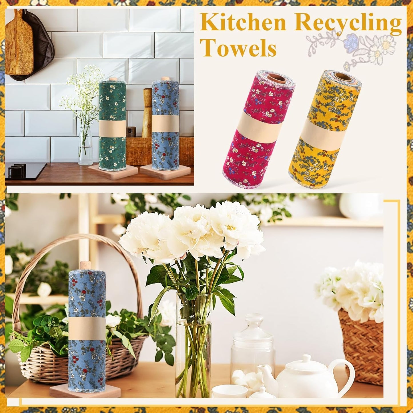 Redbaker 50 Pcs Reusable Paper Towels Paperless Reusable Cotton Cloths Toilet Absorbent Washable Paper Towels with Roll Kitchen Dishcloth for Kitchen Paperless Dishcloths(Stripe)