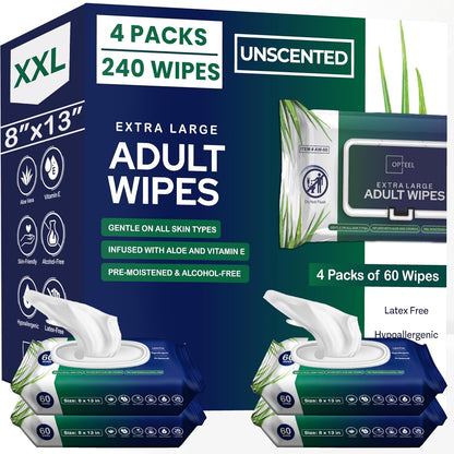 OPTEEL Adult Wipes For Elderly - 8"x13" Extra Large & Soft Wet Wipes for Adults Bathing - Incontinence Disposable Washcloths, Vitamin E & Aloe Infused for Men & Women 720ct (12 Packs of 60)