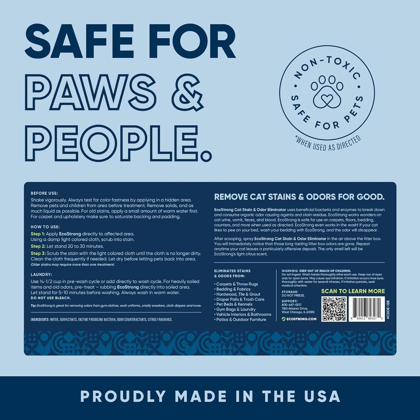 Eco Strong Cat Stain And Odor Remover | Enzyme Urine Odor Neutralizer - Stain Remover for Carpet, Litter Boxes, Bedding, and Laundry [Citrus Scent, 32 oz. Spray]