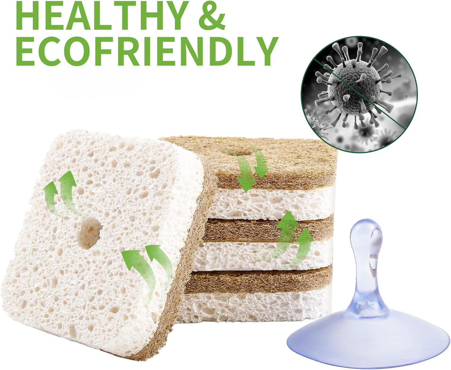 12Pack Kickleen Natural Kitchen Scrub Dish Sponge with Suction Hanger Biodegradable Compostable Cellulose and Coconut Non-Scratch Sponge for Kitchen, Bathroom, Household (White-12)