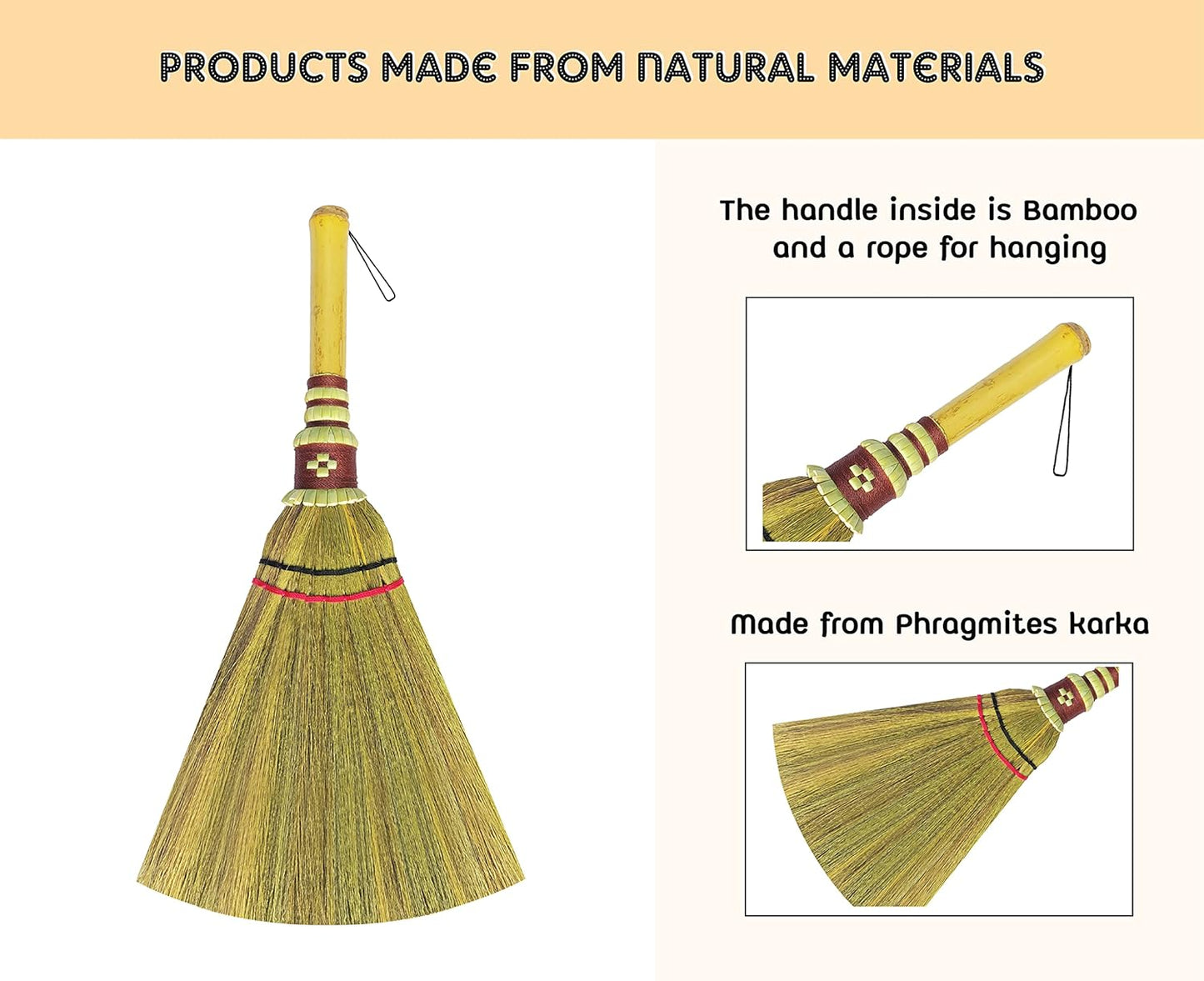 Handmade,Natural Grass Asian, Whisk Broom Thai, Handle Bamboo, Soft Brush Mini with Solid Wood Handle Retro Nature No Static Electricity Sweeping 13in