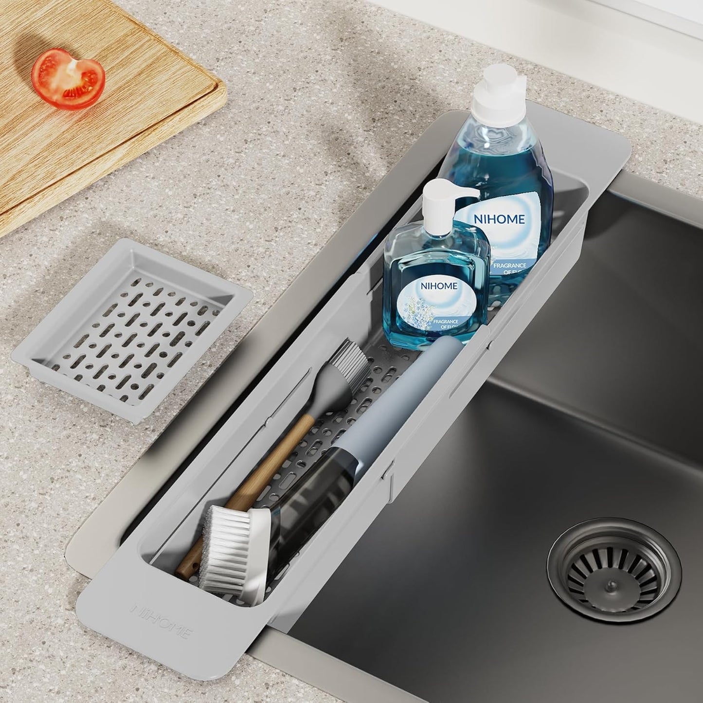 NiHome Extendable Over Sink Kitchen Organizer, Small Telescopic Brush Storage Rack for Sponge, Non-Slip Pads Expandable Sink Caddy, Adjustable Sponge/Brush Rack with Drainage Durable ABS (Black)