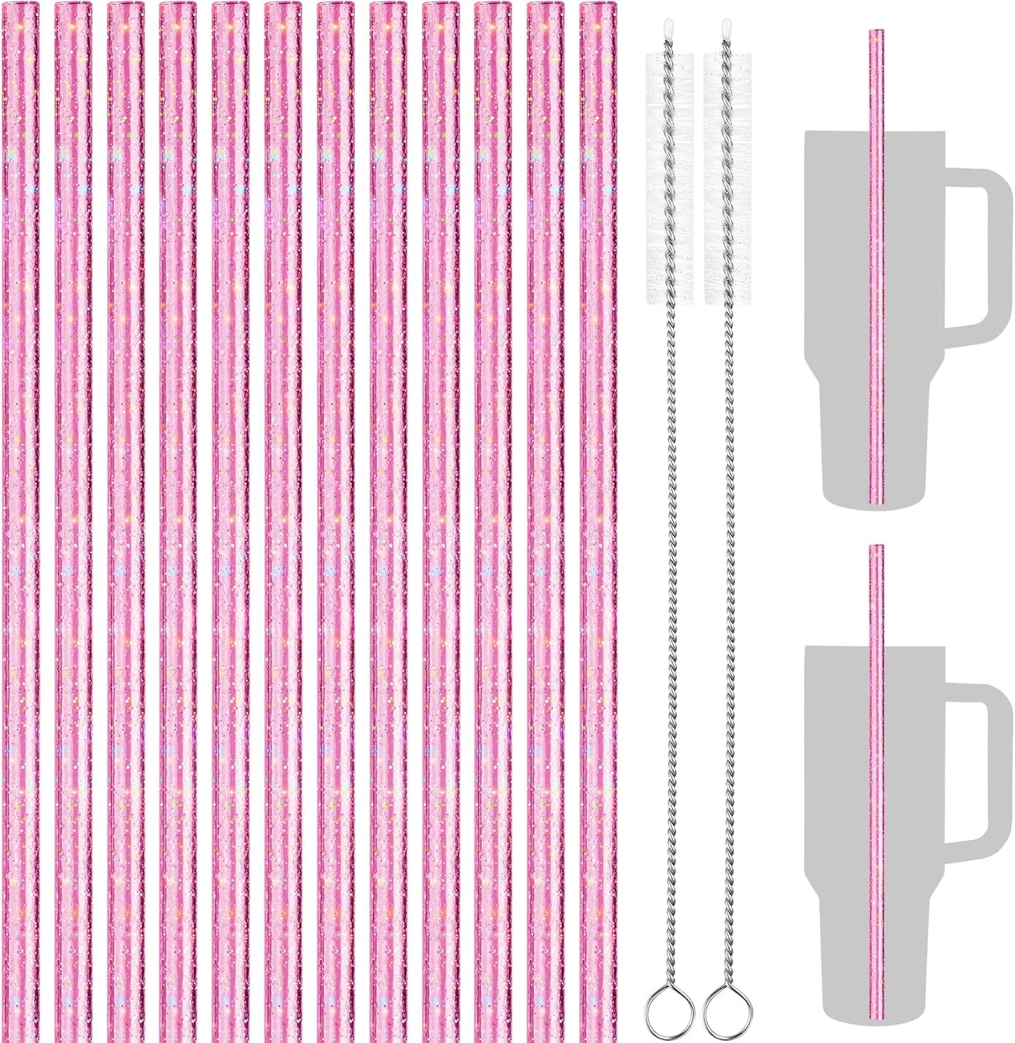 NiHome 12-Pack Glitter Replacement Straws for Stanley Tumbler 40OZ & 2 Cleaning Brushes Set, 12" Length BPA-Free Durable PETG Material for Various Beverages & Cups, Adds Sparkle to Your Drinks (Clear)