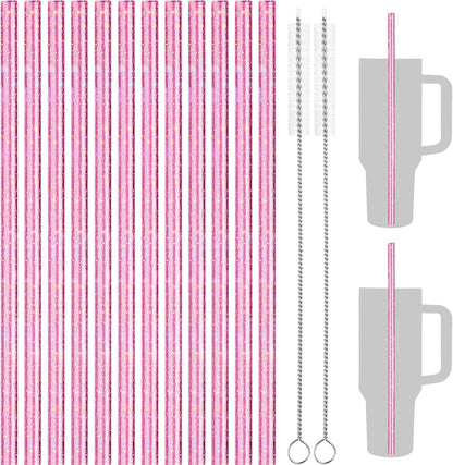 NiHome 12-Pack Glitter Replacement Straws for Stanley Tumbler 40OZ & 2 Cleaning Brushes Set, 12" Length BPA-Free Durable PETG Material for Various Beverages & Cups, Adds Sparkle to Your Drinks (Clear)