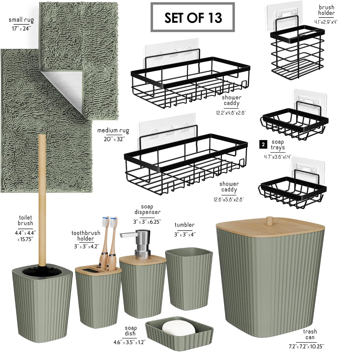 Clara Clark Bathroom Set - Sage Green Bathroom Accessories Set, 6PC Bathroom Accessory Set, Bathroom Sets with Toilet Brush, Trash Can & Soap Dispenser