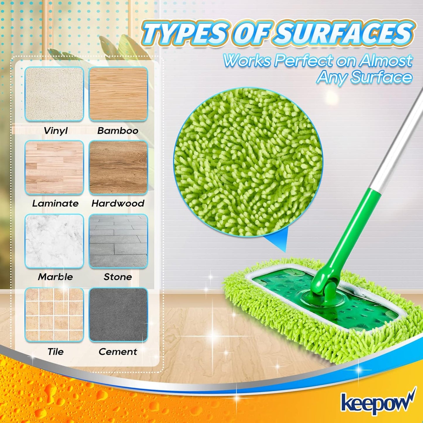 KEEPOW Reusable Microfiber Mop Pads Compatible with Swiffer Sweeper, Dry Sweeping Cloths, Washable Wet Mopping Cloth Refills for Hardwood Floor Cleaning, 6 Pack