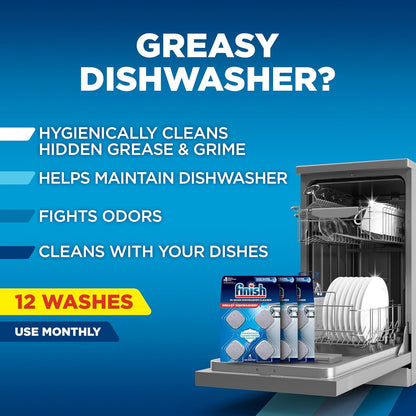 Finish Dishwasher Cleaner Tablets, Deep Cleans Hidden Grease & Grime, Fights Odors, No Extra Wash Cycle, Helps Maintain Dishwasher, 12 Month Supply, 12 Count